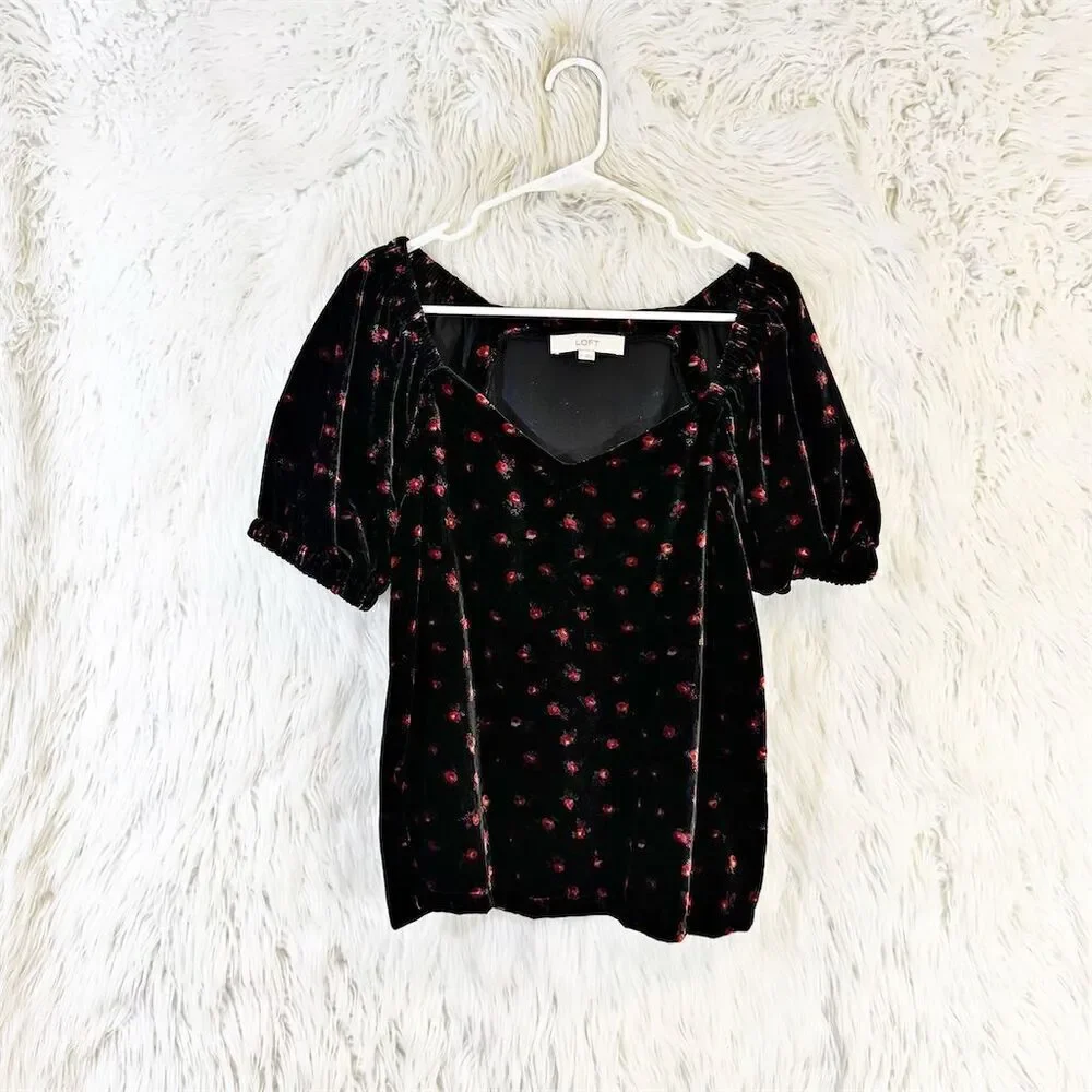 LOFT Women's Floral Puff Sleeve Velvet Top Size M Multicolor Casual